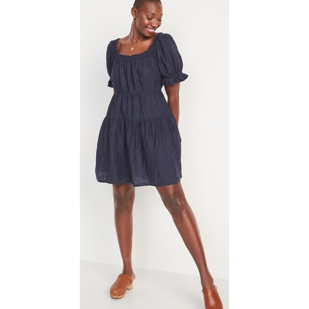 Old Navy Puff Sleeve Embroidered Smocked Mini Swing Dress Dark Gray Size S